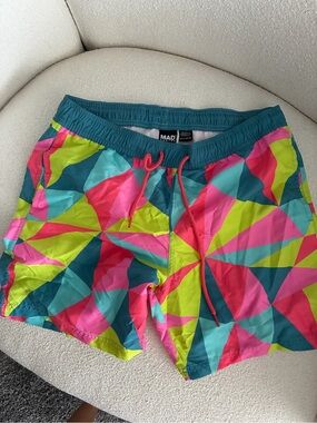 MAD Engine Neon Geo Print Men’s Swim Trunks - Teal, Lime, Pink, Cyan